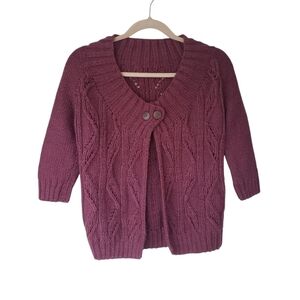 NEW Handmade Cable Knit Cardigan Sweater 3/4 Sleeve Dark Mauve Pink